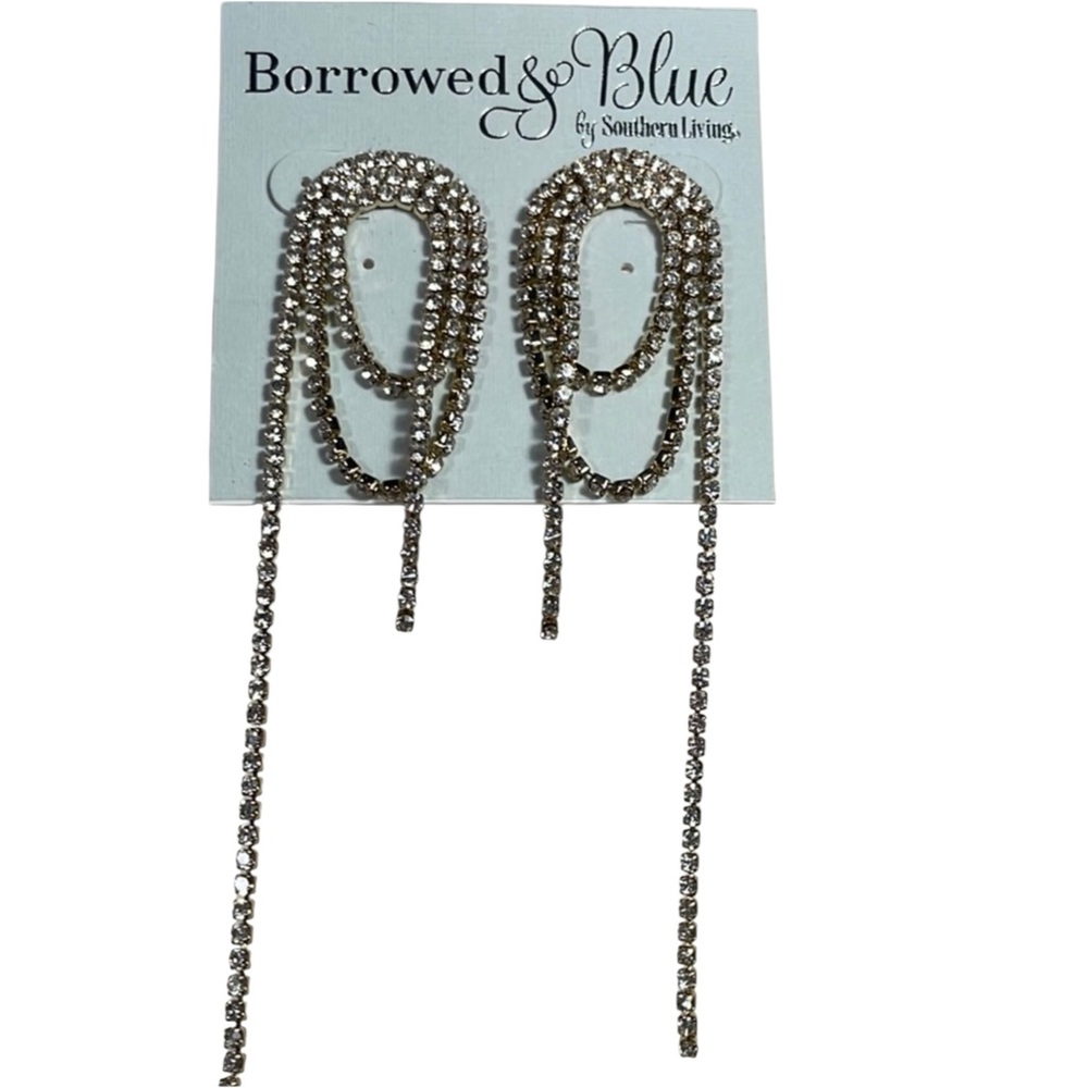 🆕 Borrowed & Blue Crystal Rhinestone Looped Gold Dangle Chain Earrings NWT